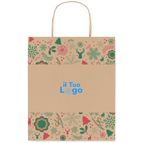 Busta regalo piccola decori Natale beige - personalizzabile con logo