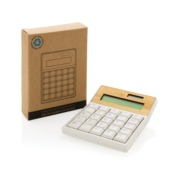 Calcolatrice Utah in plastica RCS e bambù marrone - personalizzabile con logo