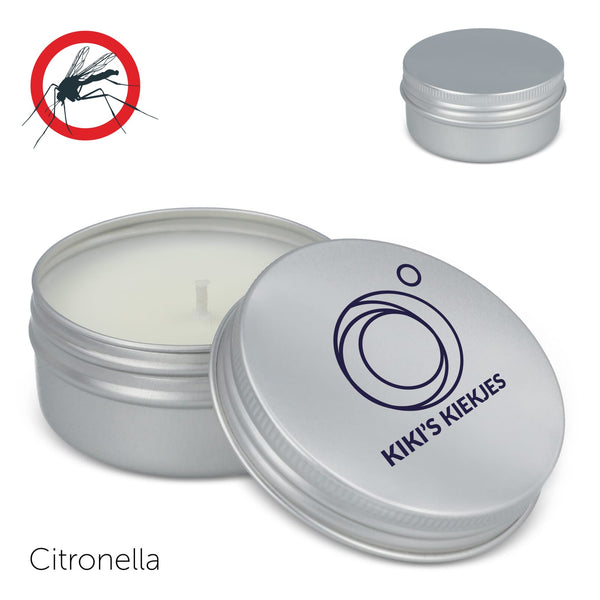 Candela alla citronella in latta riciclata color argento - personalizzabile con logo