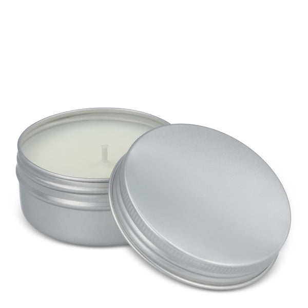 Candela alla citronella in latta riciclata color argento - personalizzabile con logo