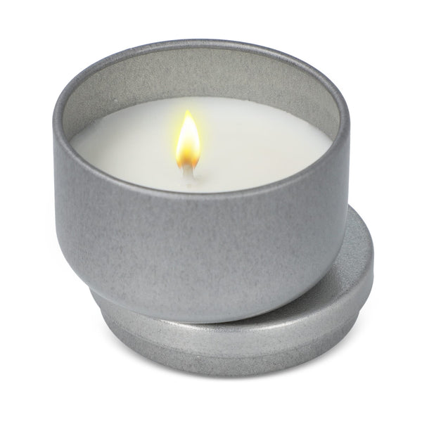 Candela vegetale non profumata in scatolina di latta riciclata - personalizzabile con logo