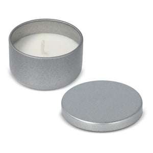 Candela vegetale non profumata in scatolina di latta riciclata - personalizzabile con logo