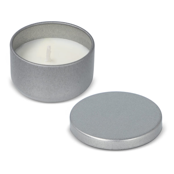 Candela vegetale non profumata in scatolina di latta riciclata - personalizzabile con logo