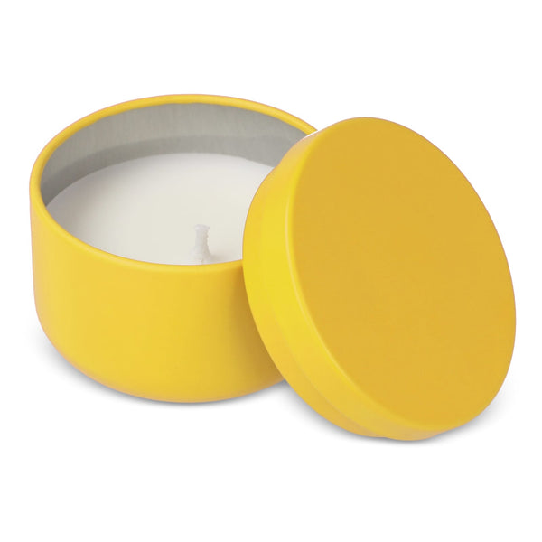 Candela vegetale non profumata in scatolina di latta riciclata - personalizzabile con logo