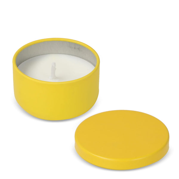 Candela vegetale non profumata in scatolina di latta riciclata - personalizzabile con logo