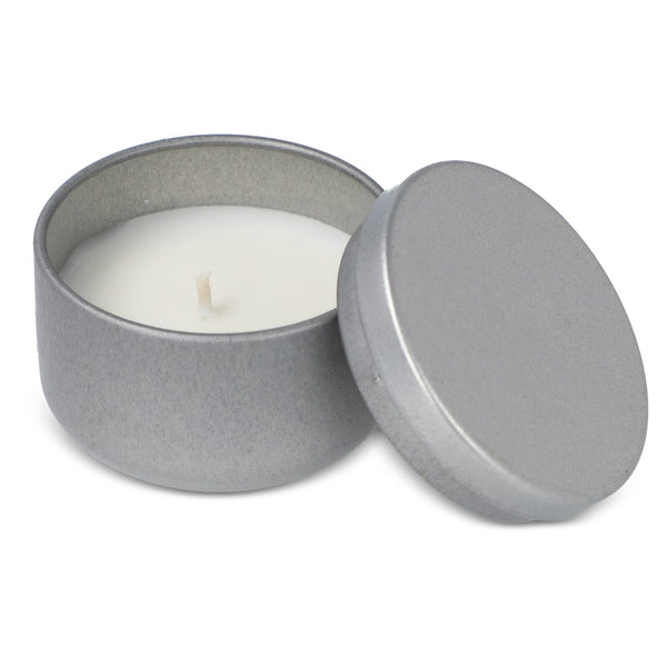 Candela vegetale non profumata in scatolina di latta riciclata - personalizzabile con logo