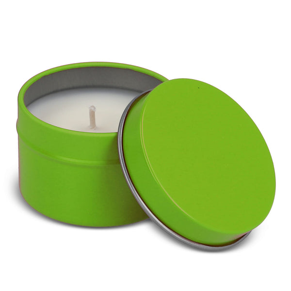 Candela vegetale profumata Dhyana in latta riciclata 5 cm - personalizzabile con logo