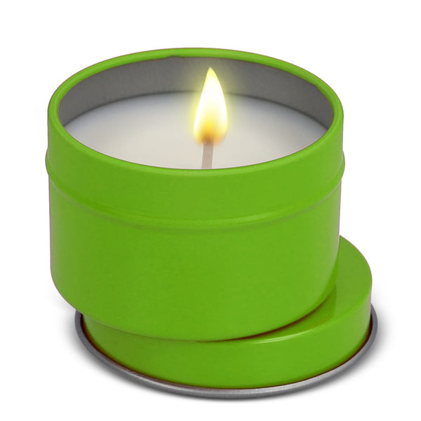 Candela vegetale profumata Dhyana in latta riciclata 5 cm - personalizzabile con logo