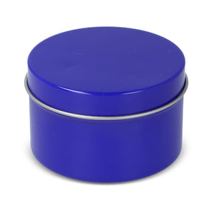 Candela vegetale profumata Kirtan in contenitore di latta riciclata 6 cm Blu - personalizzabile con logo