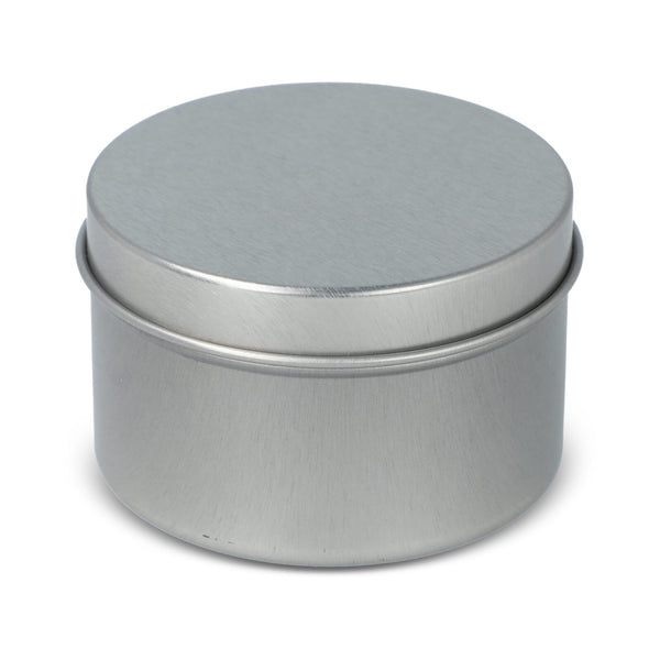 Candela vegetale profumata Kirtan in contenitore di latta riciclata 6 cm color argento - personalizzabile con logo