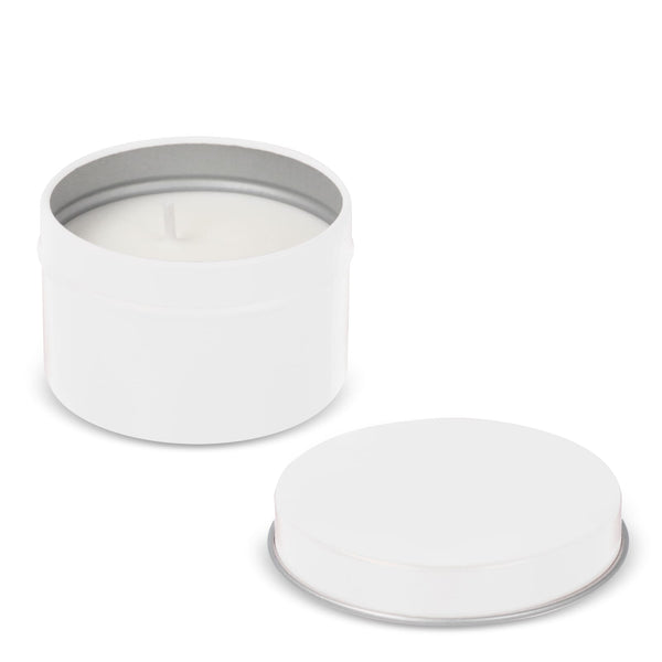Candela vegetale profumata Kirtan in contenitore di latta riciclata 6 cm - personalizzabile con logo