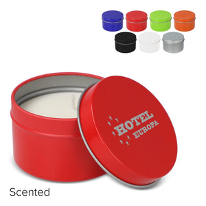 Candela vegetale profumata Kirtan in contenitore di latta riciclata 6 cm - personalizzabile con logo