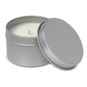 Candela vegetale profumata Kirtan in contenitore di latta riciclata 6 cm - personalizzabile con logo