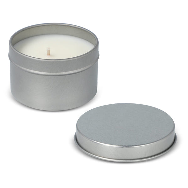 Candela vegetale profumata Kirtan in contenitore di latta riciclata 6 cm - personalizzabile con logo