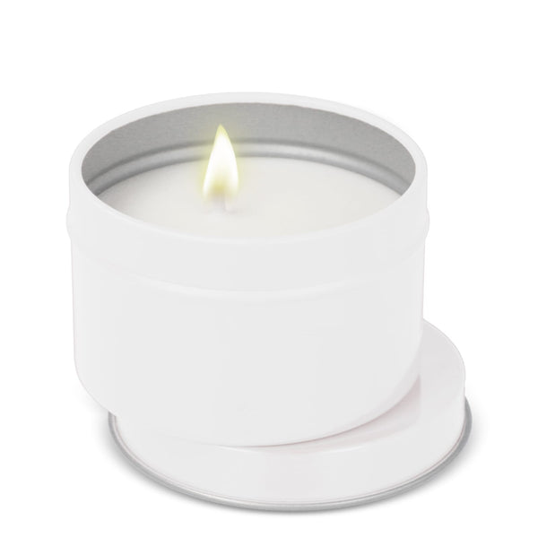 Candela vegetale profumata Kirtan in contenitore di latta riciclata 6 cm - personalizzabile con logo