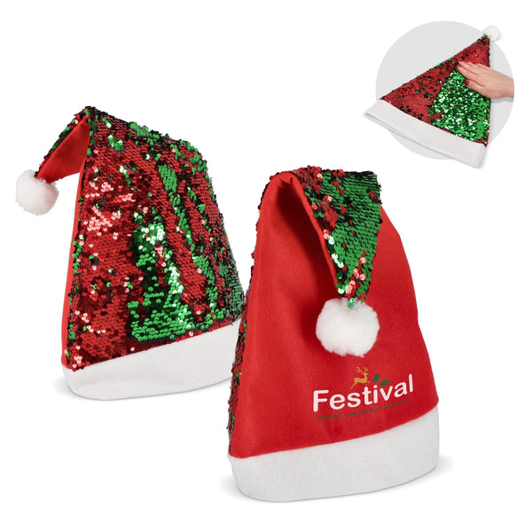 Cappello di Natale in paillettes bicolore Rosso - personalizzabile con logo