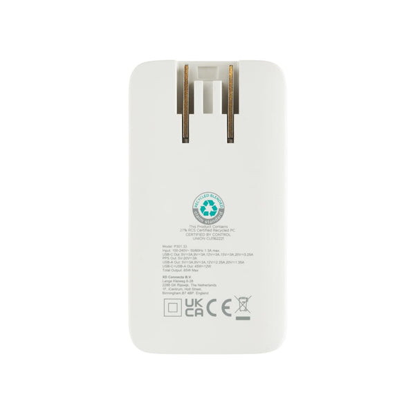Caricabatterie sottile Fluxo 65W GAN con conettori RCS bianco - personalizzabile con logo
