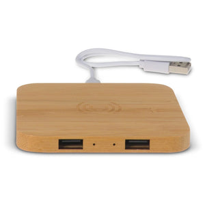 Caricabatterie wireless bambù con 2 HUB USB 5W beige - personalizzabile con logo