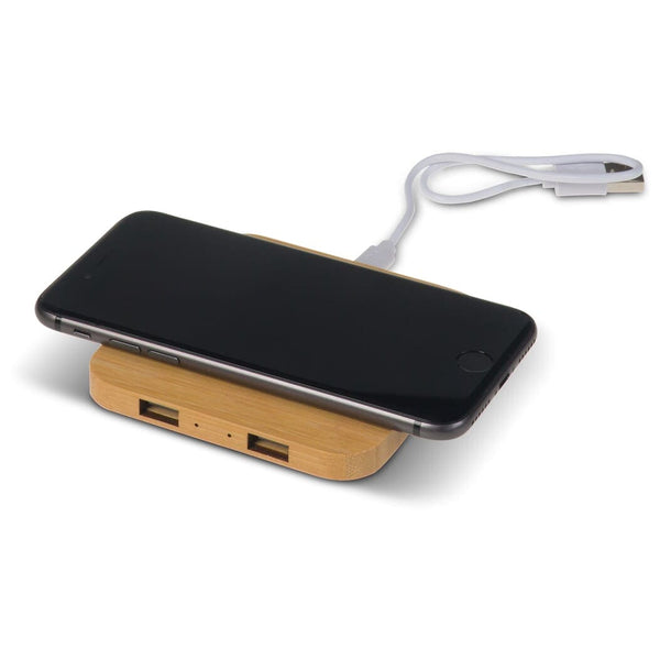 Caricabatterie wireless bambù con 2 HUB USB 5W beige - personalizzabile con logo