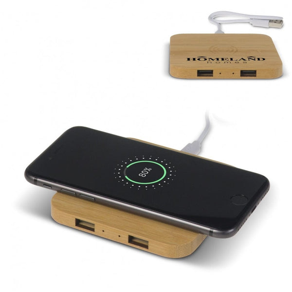 Caricabatterie wireless bambù con 2 HUB USB 5W beige - personalizzabile con logo