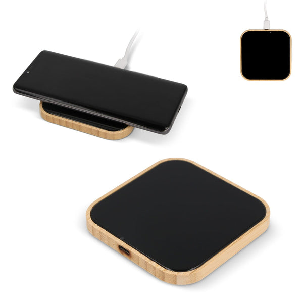 Caricabatterie wireless in bambù e vetro 10W Nero - personalizzabile con logo