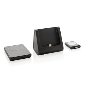 Caricatore 3in1 con powerbank Powerbase in rPlastica RCS nero - personalizzabile con logo
