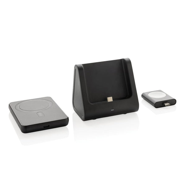 Caricatore 3in1 con powerbank Powerbase in rPlastica RCS nero - personalizzabile con logo