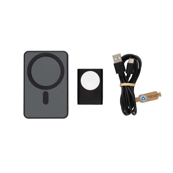 Caricatore 3in1 con powerbank Powerbase in rPlastica RCS nero - personalizzabile con logo