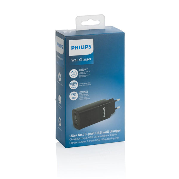 Caricatore da parete USB a 3 porte Philips 65W ultra rapido nero - personalizzabile con logo
