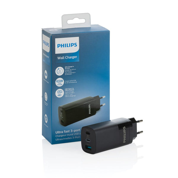 Caricatore da parete USB a 3 porte Philips 65W ultra rapido nero - personalizzabile con logo