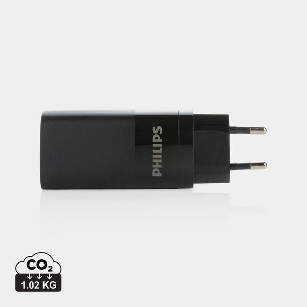 Caricatore da parete USB a 3 porte Philips 65W ultra rapido nero - personalizzabile con logo