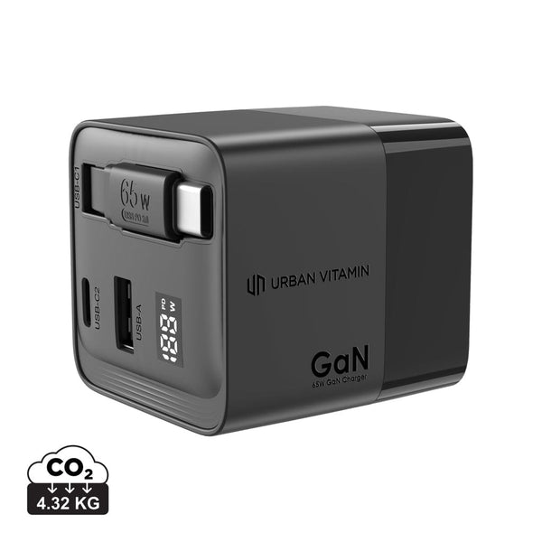 Caricatore GaN 65W cavo retrattile Urban Vitamin Mendocino nero - personalizzabile con logo