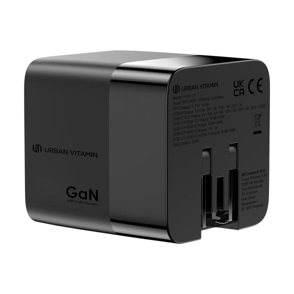 Caricatore GaN 65W cavo retrattile Urban Vitamin Mendocino nero - personalizzabile con logo