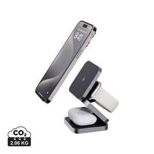 Caricatore pieghevole 15W 3in1 Terra in alluminio riciclato grigio - personalizzabile con logo