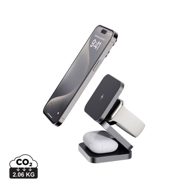Caricatore pieghevole 15W 3in1 Terra in alluminio riciclato grigio - personalizzabile con logo