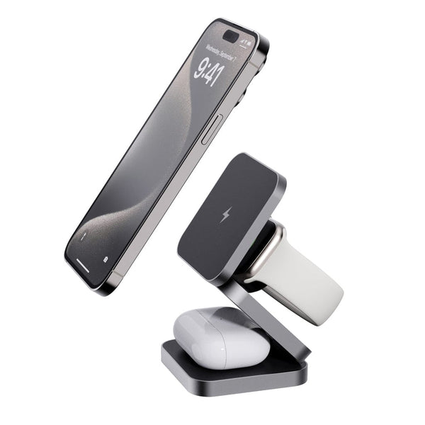 Caricatore pieghevole 15W 3in1 Terra in alluminio riciclato grigio - personalizzabile con logo