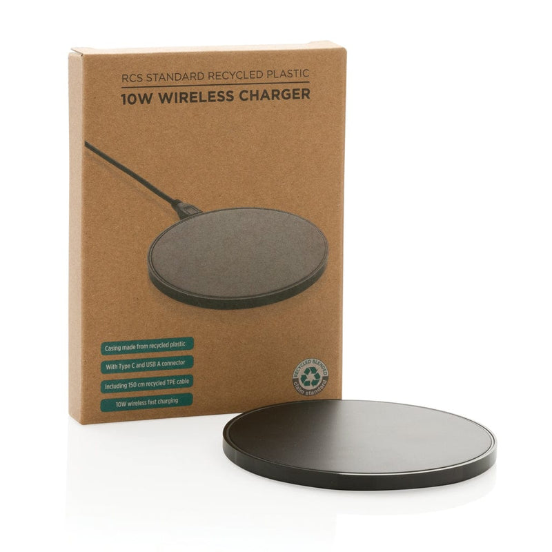 Caricatore RCS wireless 10W in plastica riciclata Classy nero - personalizzabile con logo
