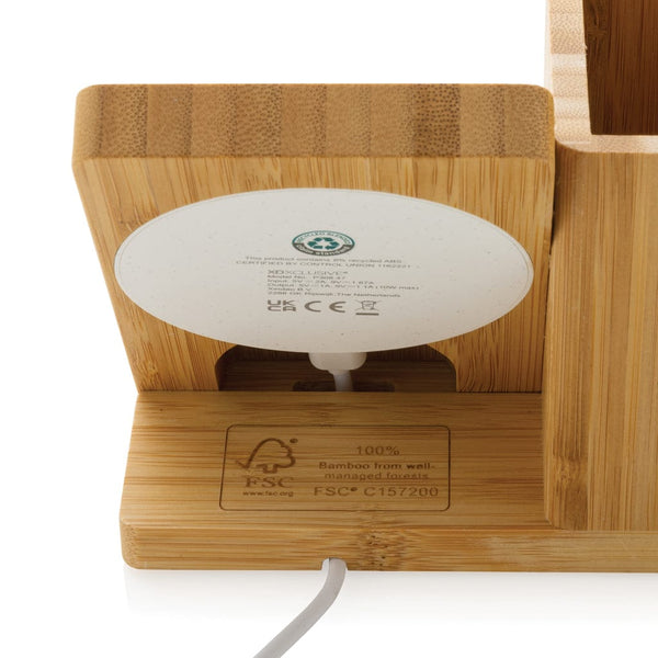 Caricatore wireless 10W Calgary in bambù marrone - personalizzabile con logo