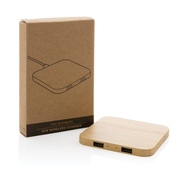 Caricatore wireless 10W con porte USB in bambù marrone - personalizzabile con logo