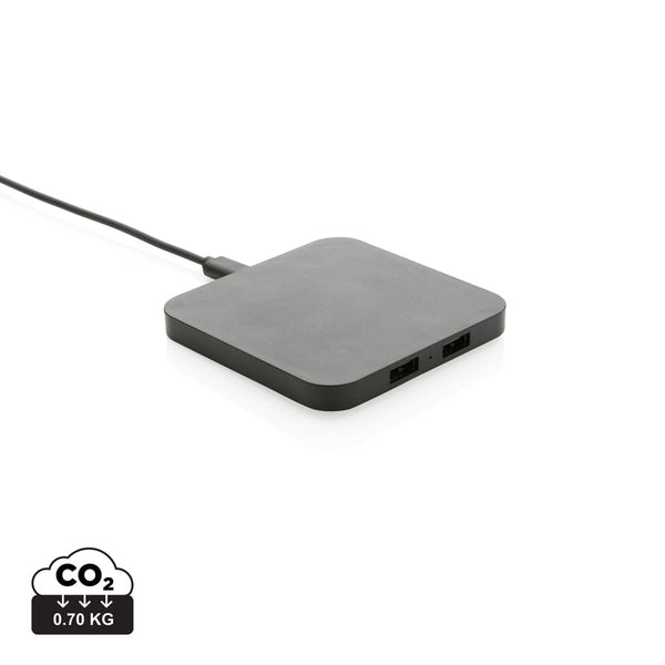 Caricatore wireless 10W con porte USB in plastica RCS nero - personalizzabile con logo