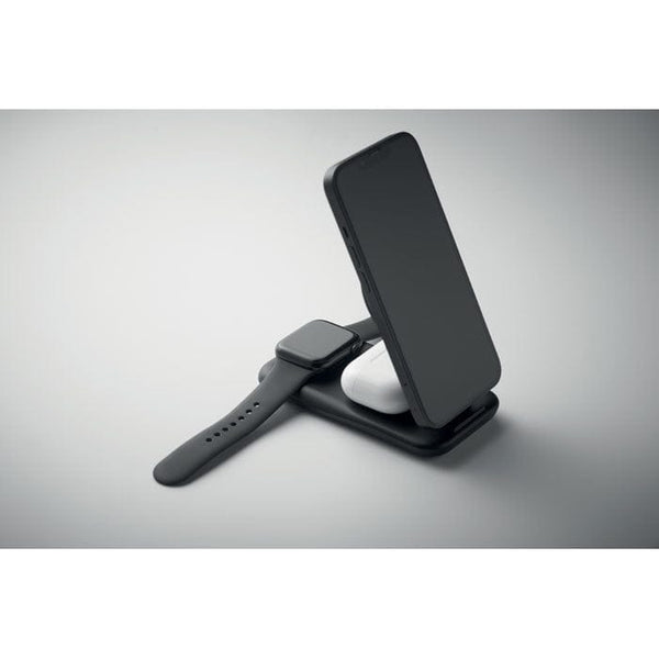 Caricatore wireless 3 in 1 da 15 W Nero - personalizzabile con logo