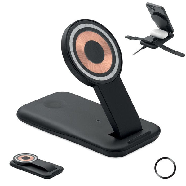 Caricatore wireless 3 in 1 da 15 W Nero - personalizzabile con logo