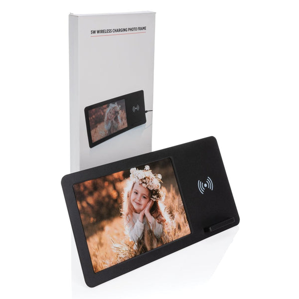 Caricatore wireless 5W e cornice digitale per foto nero - personalizzabile con logo