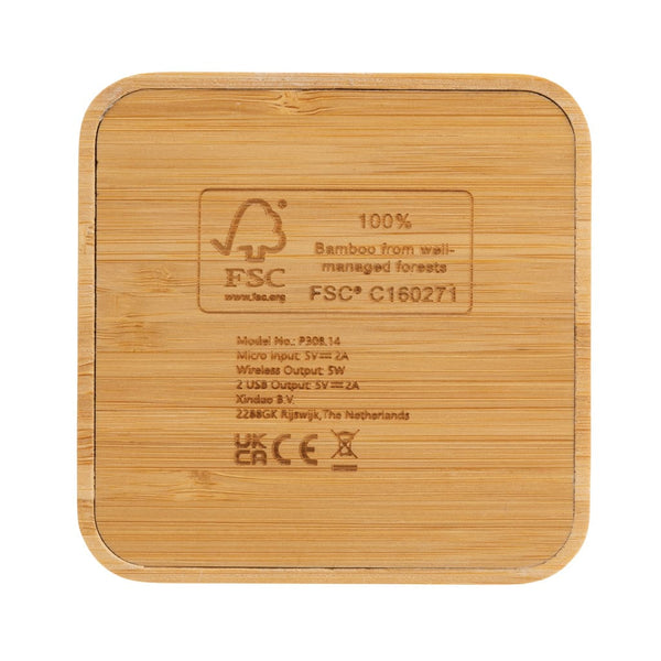 Caricatore wireless 5W in bambù certificato FSC con USB marrone - personalizzabile con logo