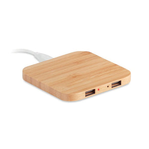 Caricatore wireless in bamboo a 2 porte beige - personalizzabile con logo