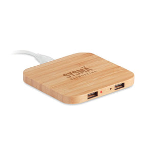 Caricatore wireless in bamboo a 2 porte beige - personalizzabile con logo