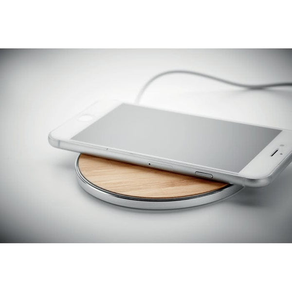 Caricatore wireless in bamboo e alluminio beige - personalizzabile con logo