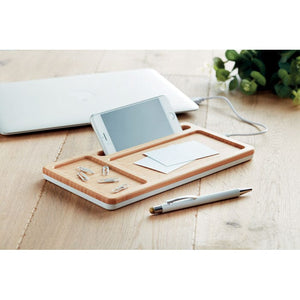 Caricatore wireless in bamboo con supporto per smartphone e scomparti bianco - personalizzabile con logo