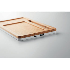 Caricatore wireless in bamboo con supporto per smartphone e scomparti bianco - personalizzabile con logo