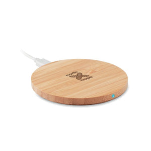 Caricatore wireless in bamboo con luce di ricarica beige - personalizzabile con logo